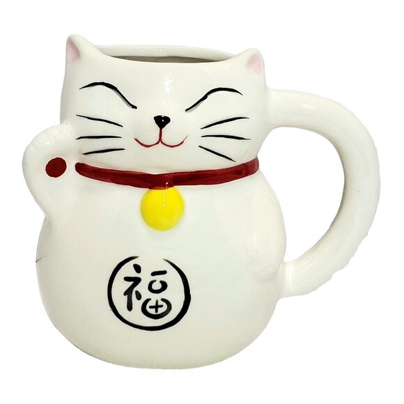World Market Exclusive- Lucky Cat Figural Ceramic Teacup White– Beckoning Cat - Picture 1 of 7
